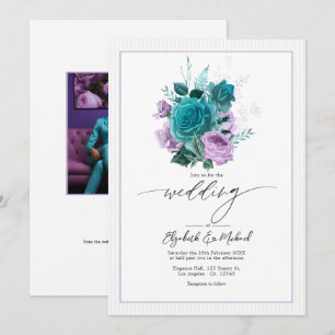 Teal och Lavendel Blommig Bröllopsfoto Inbjudningar