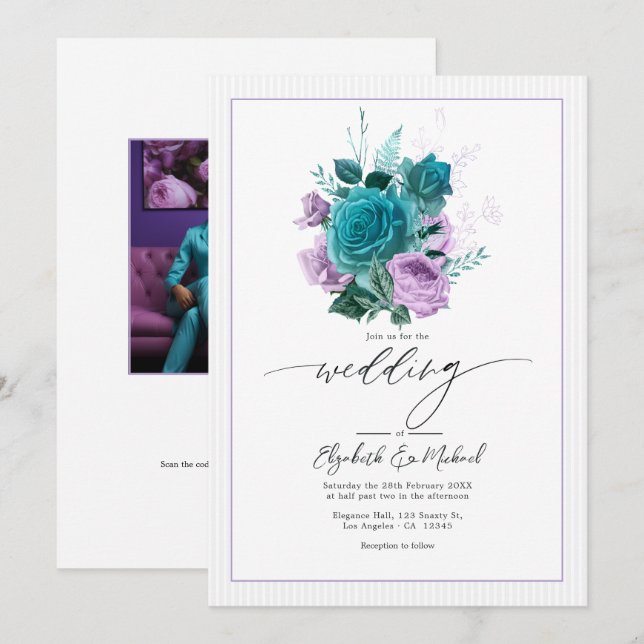 Teal och Lavendel Blommig Bröllopsfoto Inbjudningar (Fram/baksida)