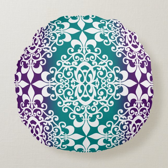 Teal och Lila Ombre White Damask Rund Kudde (Framsidan)