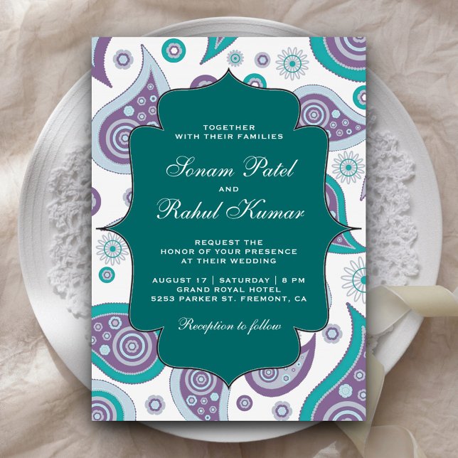 Teal och Mauve Paisley Mönster Indian Bröllop Inbjudningar (Skapare uppladdad)