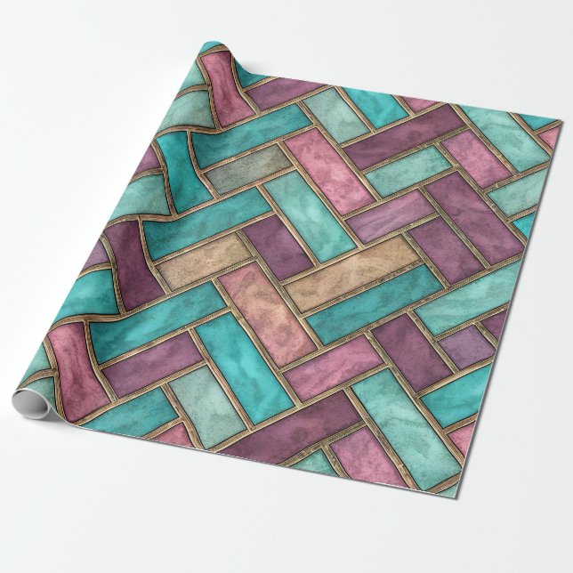 Teal och Mauve Sicksack Kakelmönster - Tegel Presentpapper (Utrullad)