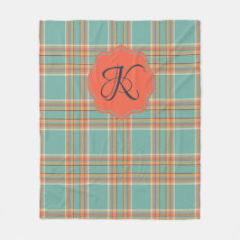 Teal och Orange Tartan Plaid Monogram Blanket Fleecefilt