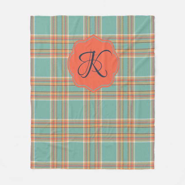 Teal och Orange Tartan Plaid Monogram Blanket Fleecefilt (Framsidan)