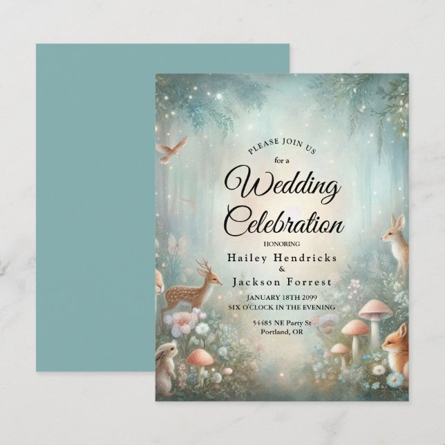 Teal och Peach Enchanted Forest Bröllop Inbjudningar (Fram/baksida)