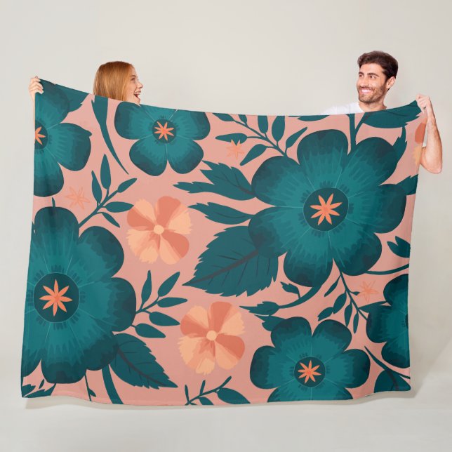 Teal- och persikoblommor på mjuk Rosa-bakgrund Fleecefilt (På plats)