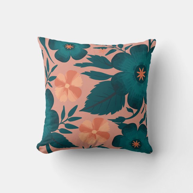 Teal- och persikoblommor på mjuk Rosa-bakgrund Kudde (Framsida)