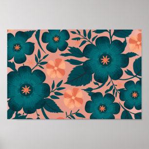 Teal- och persikoblommor på mjuk Rosa-bakgrund Poster