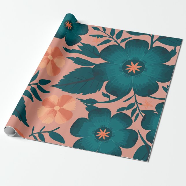 Teal- och persikoblommor på mjuk Rosa-bakgrund Presentpapper (Utrullad)