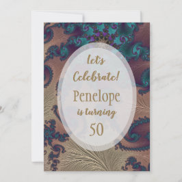 Teal och Ro Guld Feathery Fractal 50:e födelsedage Inbjudningar