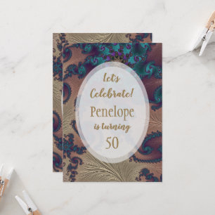 Teal och Ro Guld Feathery Fractal 50:e födelsedage Inbjudningar