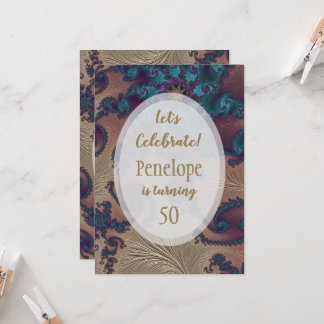 Teal och Ro Guld Feathery Fractal 50:e födelsedage Inbjudningar