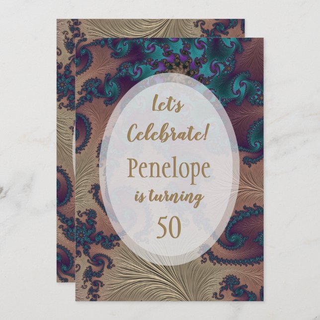 Teal och Ro Guld Feathery Fractal 50:e födelsedage Inbjudningar (Fram/baksida)