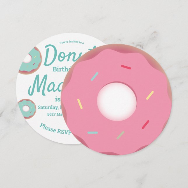 Teal och Rosa Donut Strössel Mix Rund Inbjudningar (Fram/baksida)