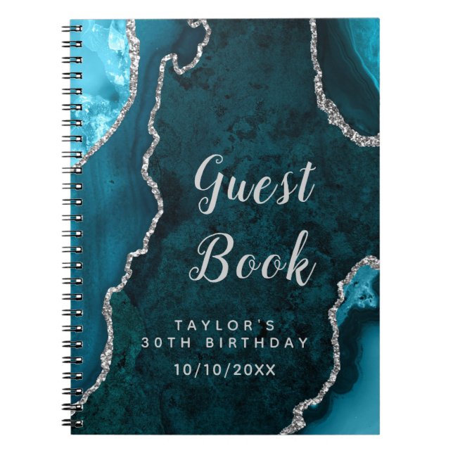 Teal och Silver Agate Birthday Guest Bok Anteckningsbok (Framsidan)