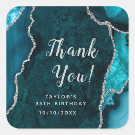 Teal och Silver Agate Birthday Tack Fyrkantigt Klistermärke