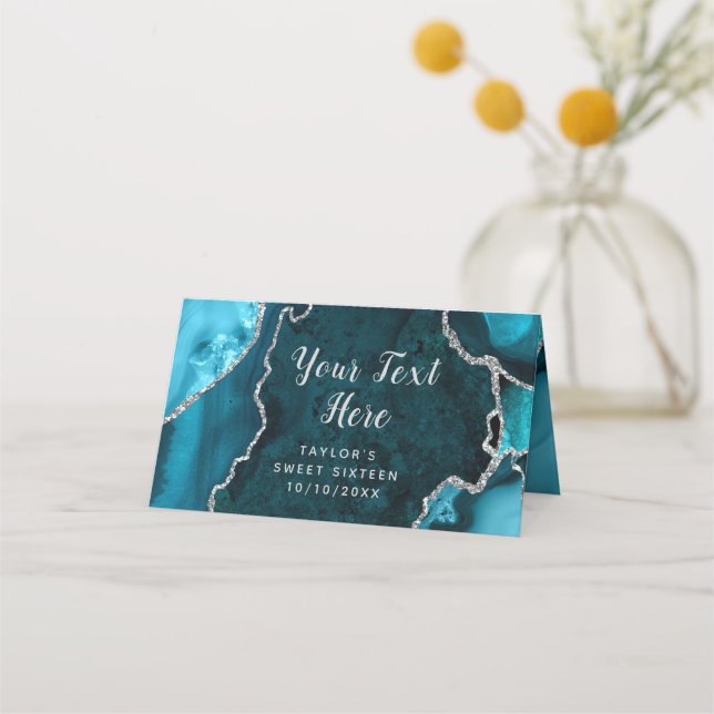 Teal och Silver Agate Marble Sweet sixteen Placeringskort (Framsida)