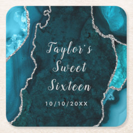 Teal och Silver Agate Marble Sweet sixteen Underlägg Papper Kvadrat