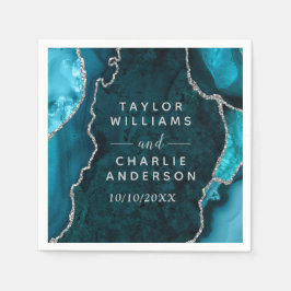 Teal och Silver Agate Marmor Bröllop Pappersservett