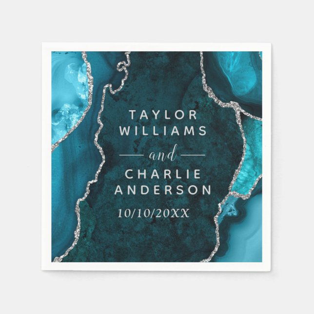 Teal och Silver Agate Marmor Bröllop Pappersservett (Framsidan)