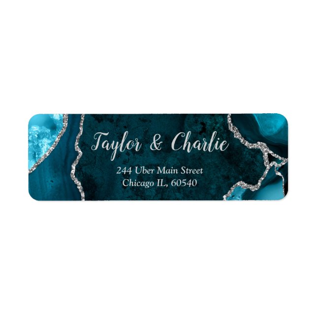 Teal och Silver Agate Marmor Bröllop Returadress Etikett (Framsidan)