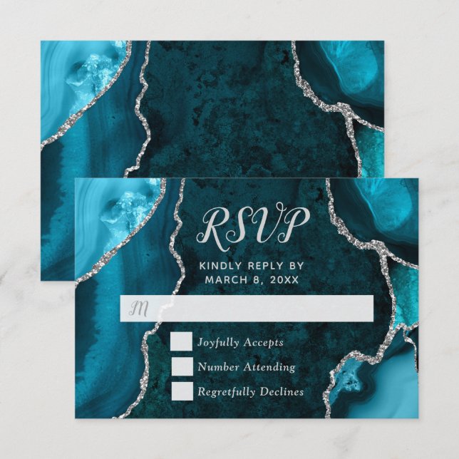 Teal och Silver Agate Marmor RSVP OSA Kort (Fram/baksida)