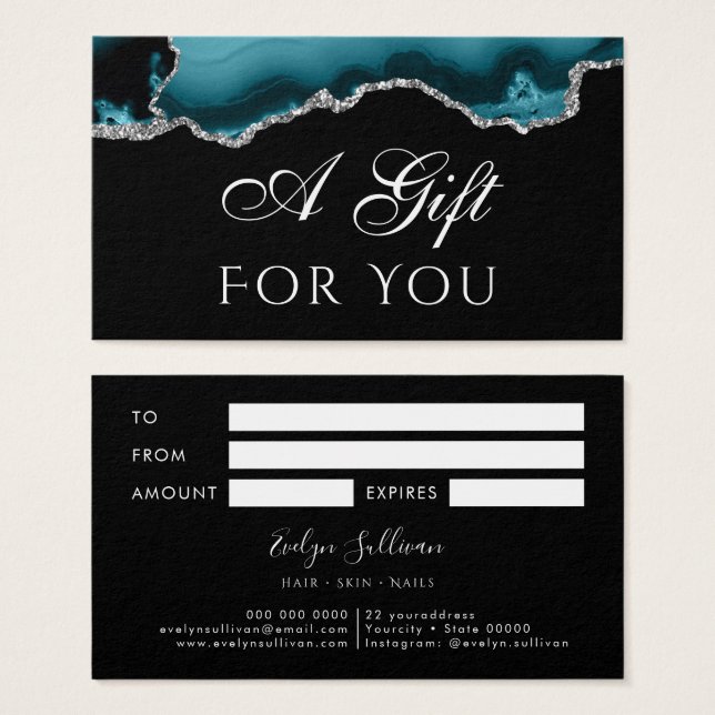 Teal och Silver Agate på Black Gift Card Visitkort (Framsida & baksida)