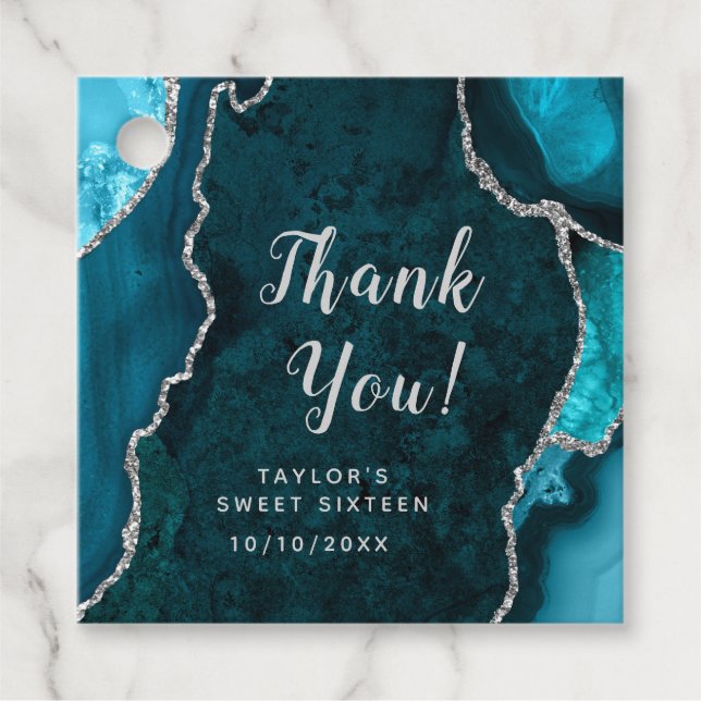 Teal och Silver Agate Sweet sixteen Tack Gåvor Etiketter (Framsida)