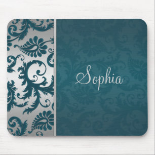 Teal och Silver Damask Mousepad Musmatta