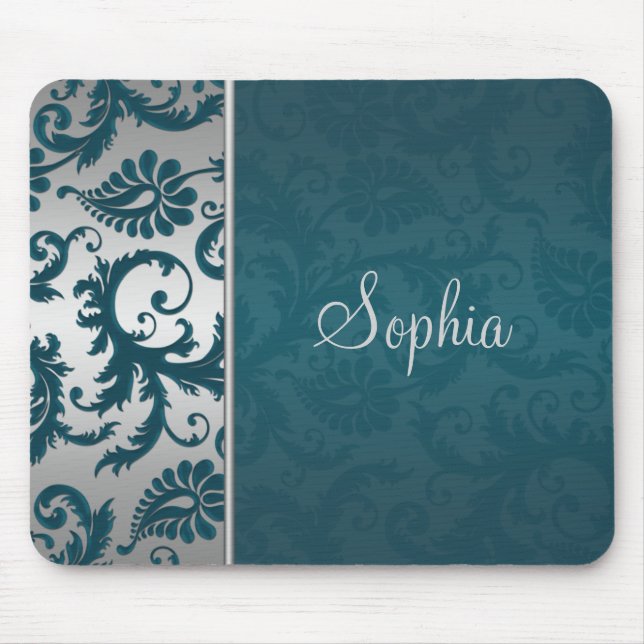 Teal och Silver Damask Mousepad Musmatta (Framsidan)
