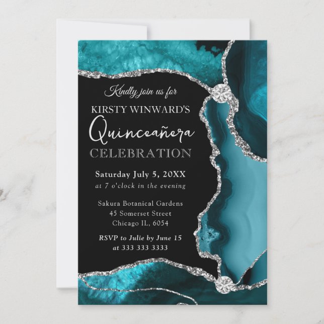Teal och Silver Fals Glitter Agate Quinceanera Inbjudningar (Framsida)