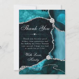 Teal och Silver Falsk Glitter Agate Sweet 16 Tack Kort
