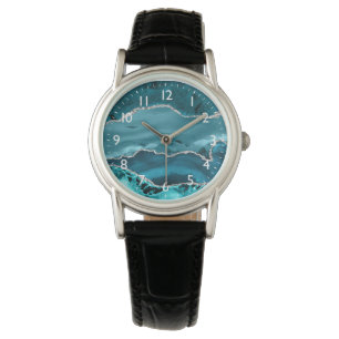 Teal och Silver Falsk Glittermarmor Agat Armbandsur