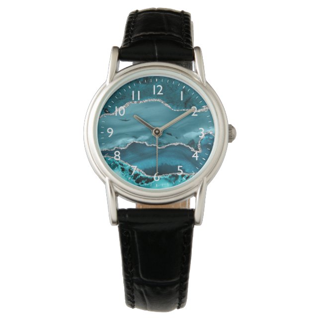 Teal och Silver Falsk Glittermarmor Agat Armbandsur (Framsida)