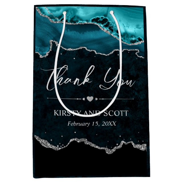 Teal och Silver Faux Glitter Agate Bröllop (Framsidan)