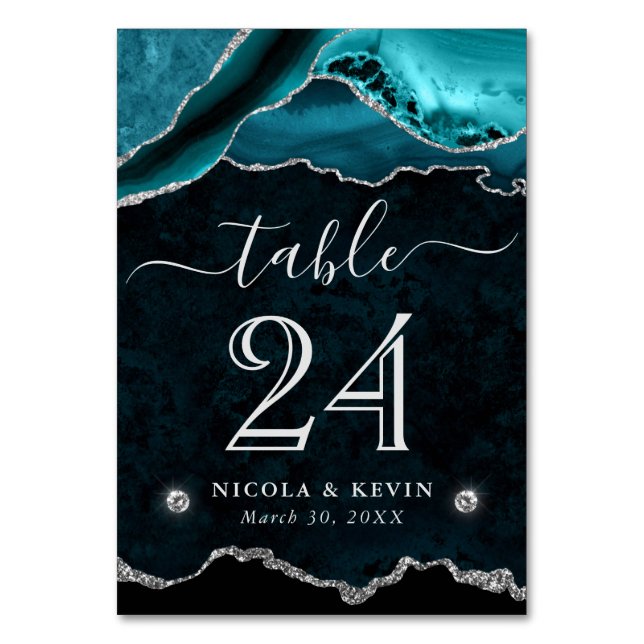 Teal och Silver Faux Glitter Agate Bröllop Bordsnummer (Framsidan)