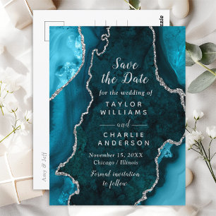 Teal och Silver Faux Glitter Agate Spara datum Vykort