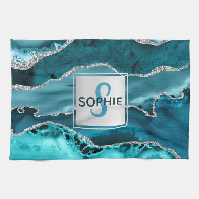 Teal och Silver Faux Glitter Marble Agate Monogram Kökshandduk (Horisontell)
