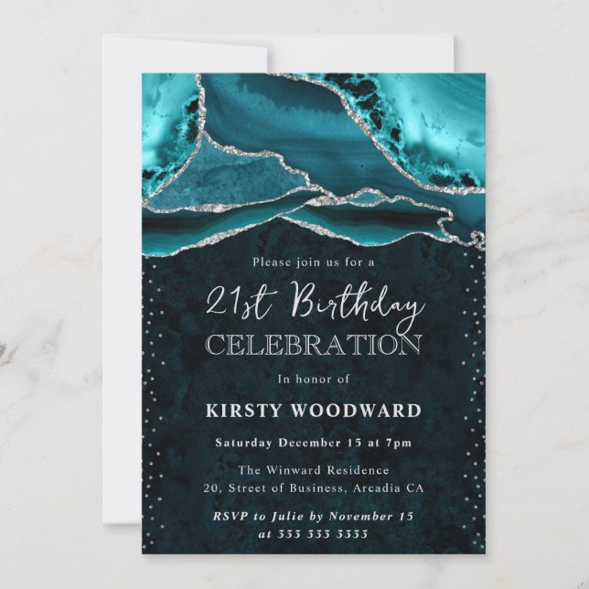 Teal och Silver Glitter Agate 21-årsdag Inbjudningar (Framsida)