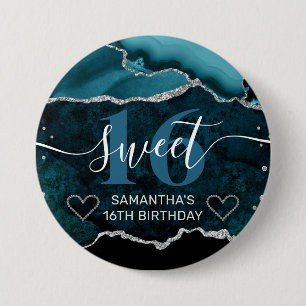 Teal och Silver Glitter Agate Marble Sweet 16 Knapp