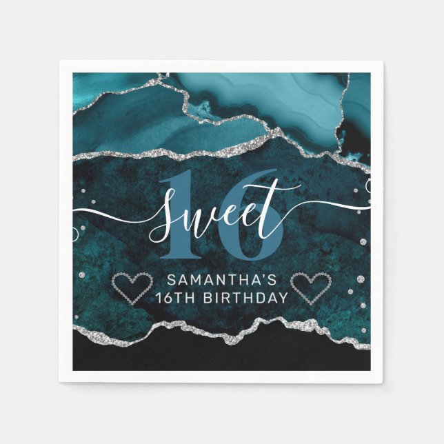 Teal och Silver Glitter Agate Marble Sweet 16 Pappersservett (Framsidan)
