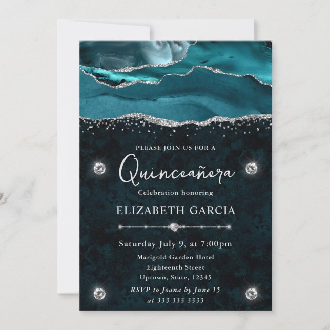 Teal och Silver Glitter Agate Quinceanera Inbjudningar (Framsida)