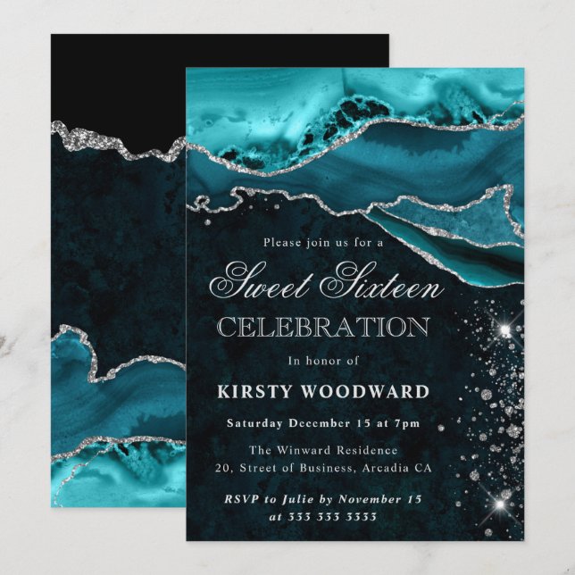 Teal och Silver Glitter Agate Sweet 16 Inbjudningar (Fram/baksida)