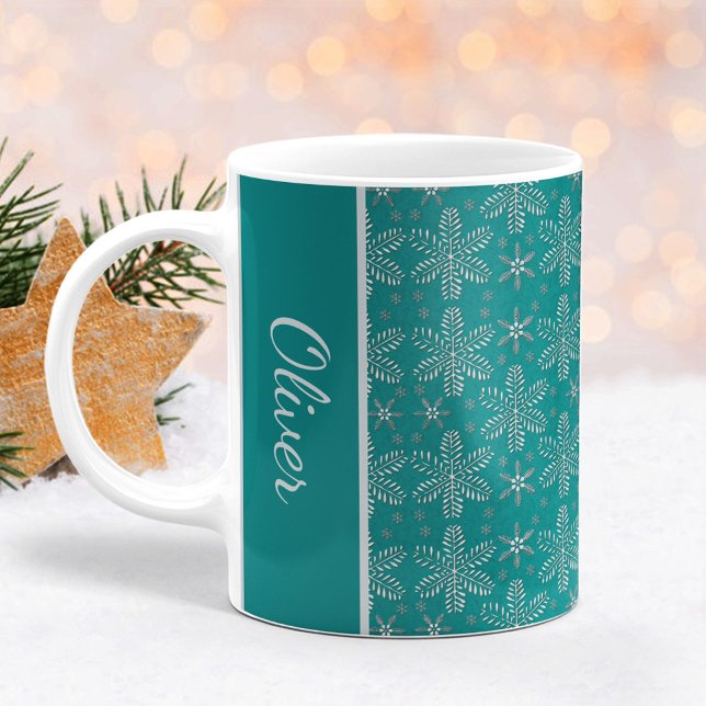 Teal och Silver Snöflingor jul Mugg med Namn (Skapare uppladdad)