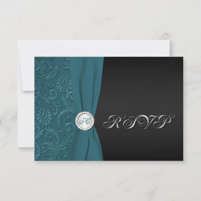 Teal och svart damaskmonogram RSVP-kort Inbjudningar (Framsida)