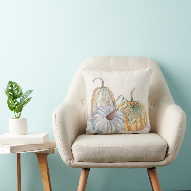 Teal och Terracotta Fall Watercolor Pumpkins Kudde (Stol)