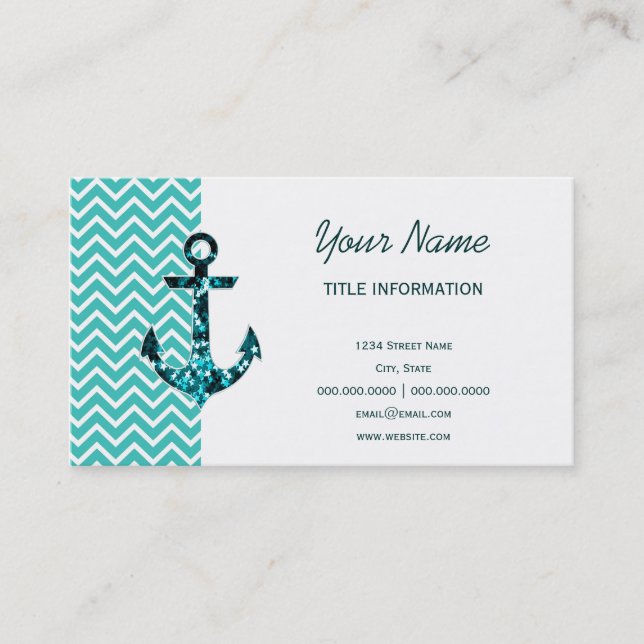 Teal och Turquouise Chevron Nautical Anchor Visitkort (Framsida)