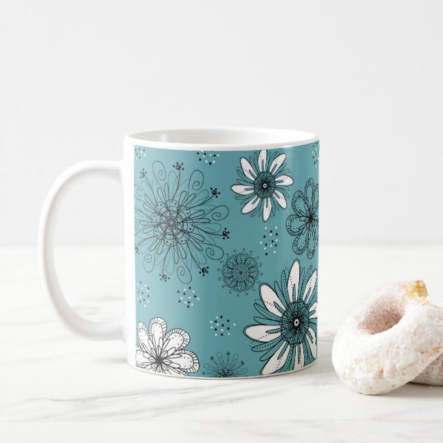 Teal och vit Daisy Pen och Bläck Illustration Kaffemugg (Med munk)