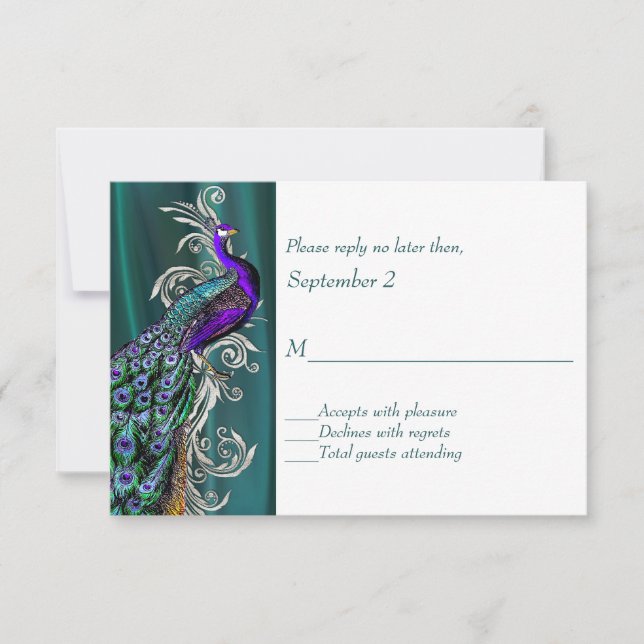 Teal och vit med Peacock Bröllop OSA Card (Framsida)
