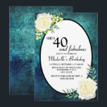 Teal och Vit ros Grapes 40:e födelsedagen Inbjudningar<br><div class="desc">Teal and white grunge water color 40th födelsedagsbjudan / "40 and fabulous" med vit ros och druvor.</div>