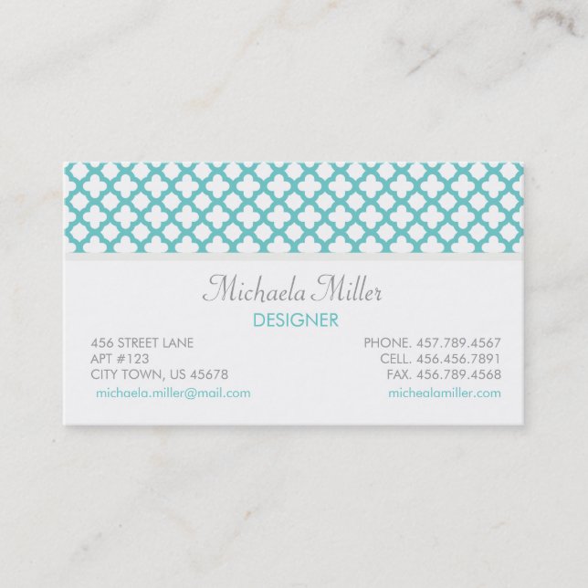 Teal och White Quatrefoil Mönster Visitkort (Framsida)